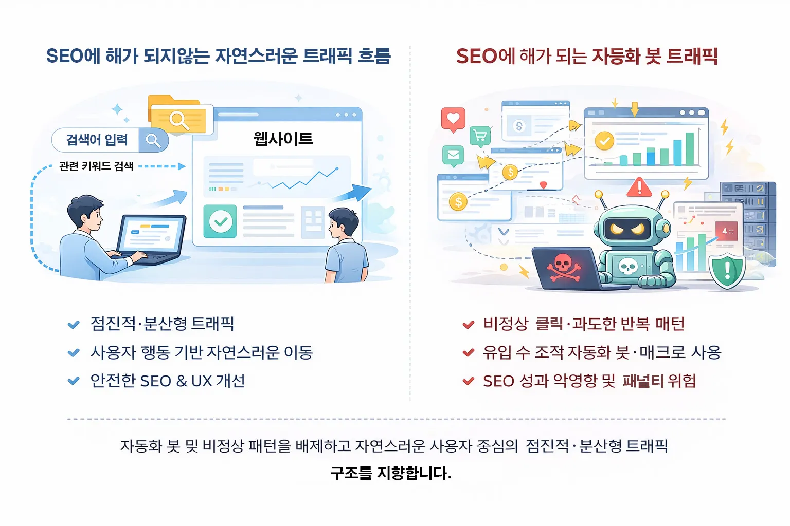 자연 트래픽 흐름 vs 자동화 봇 트래픽 비교